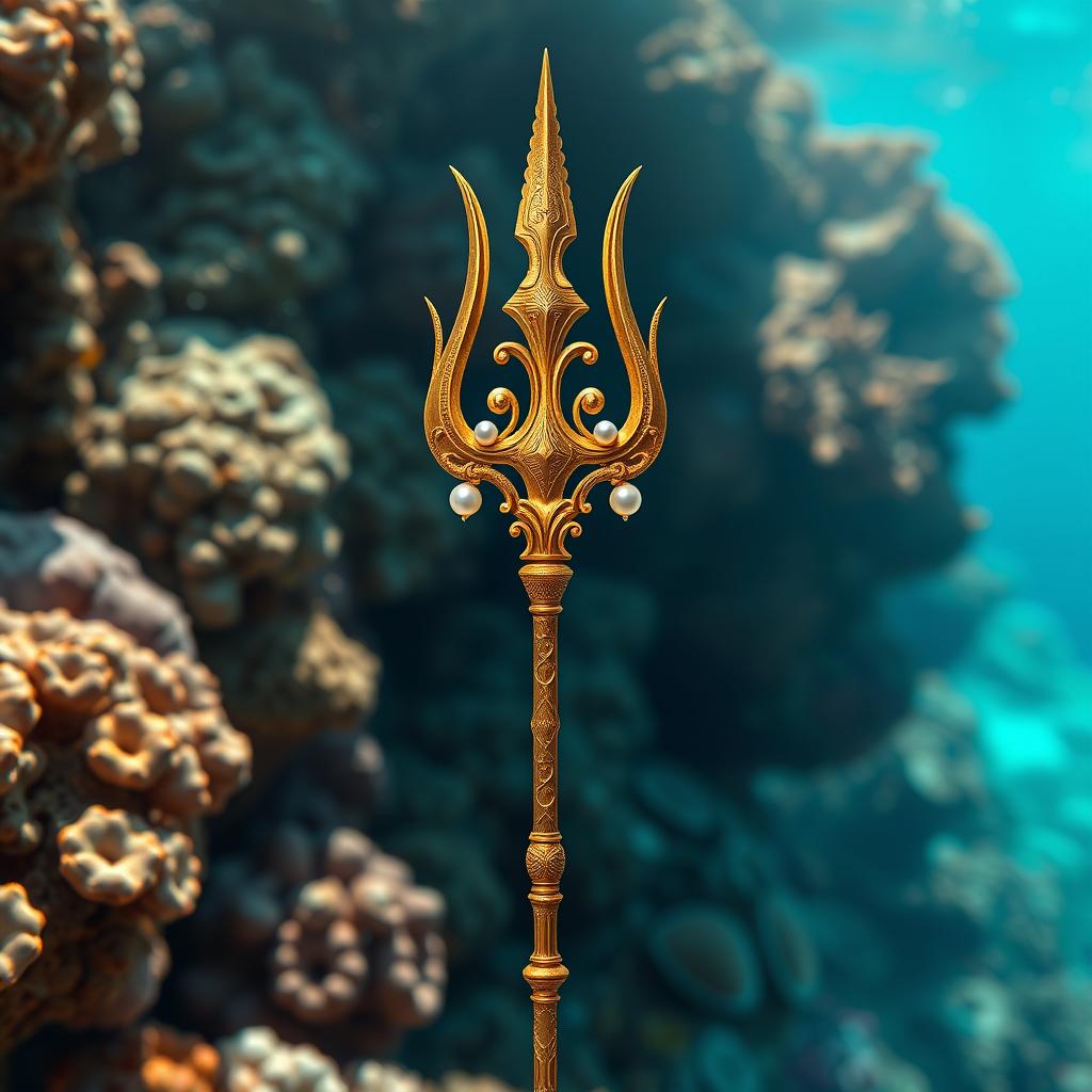A stunning golden trident intricately designed, featuring beautiful engravings and embellished with a few delicate seashells and lustrous pearls