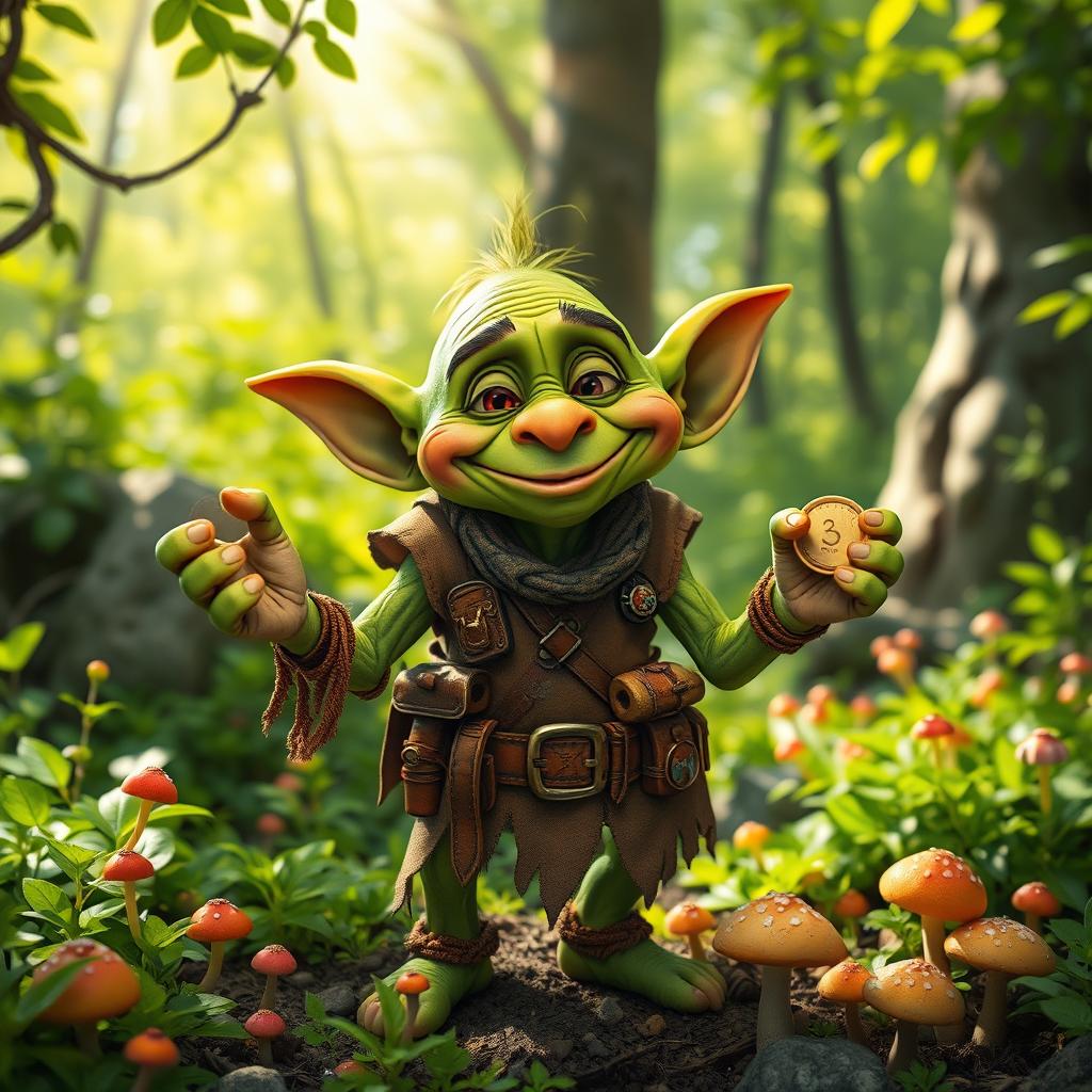 A whimsical and mischievous goblin, with green skin and pointy ears, wearing a tattered brown vest and a belt filled with quirky gadgets