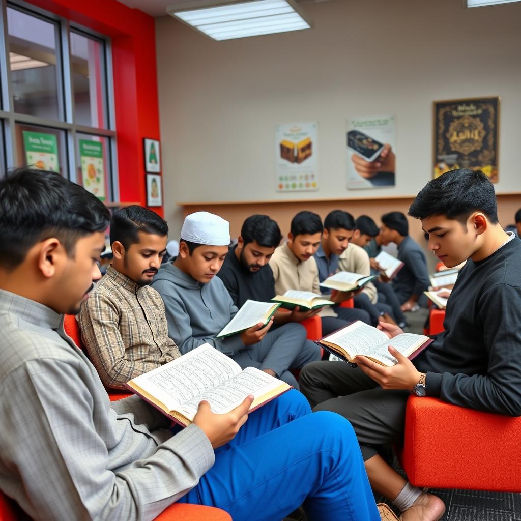 In a modern classroom, a group of male students is focused on reading the Quran