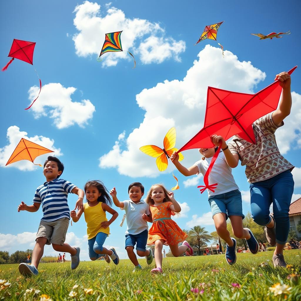 A vibrant scene of children joyfully flying kites in a sunny park