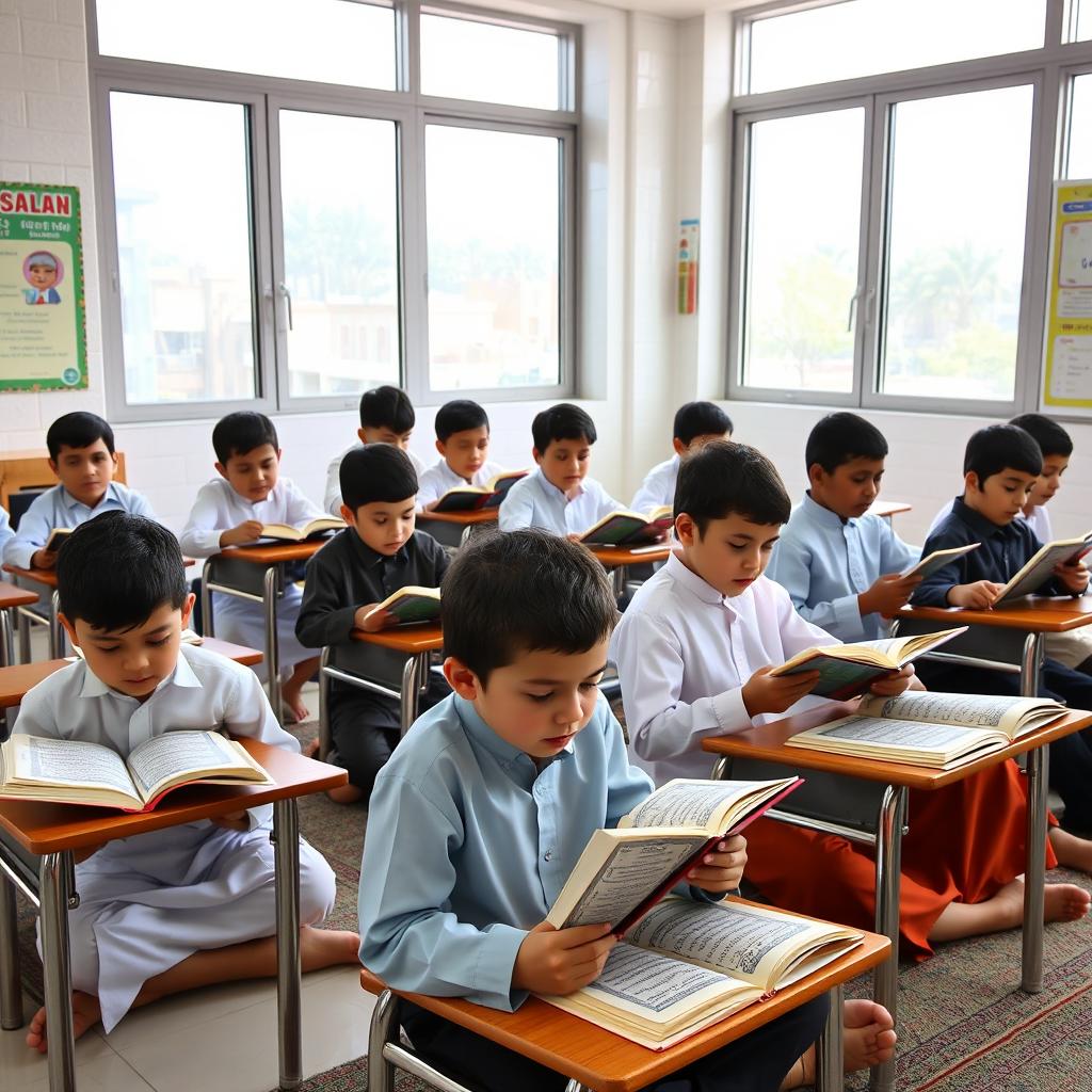 A modern classroom scene featuring a group of young boys attentively reading from the Quran