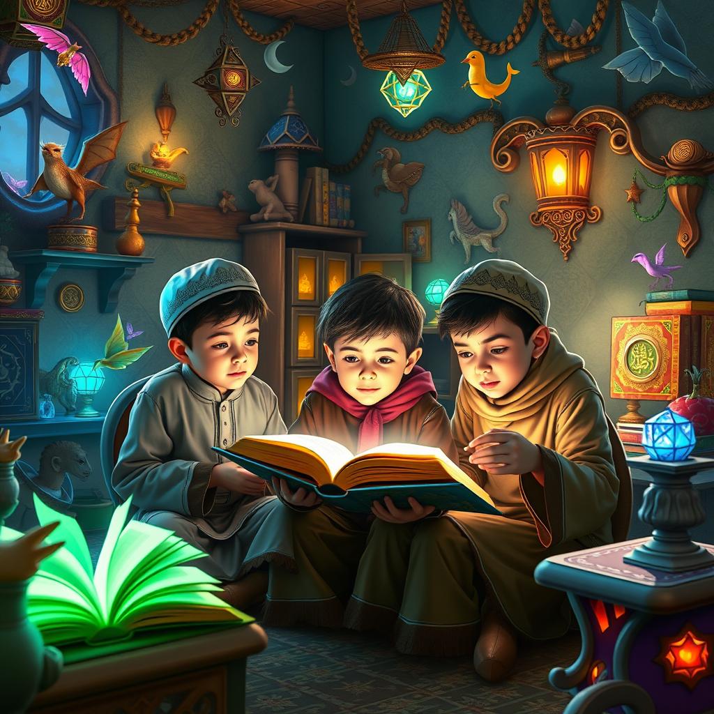 A fantastical classroom scene where young boys are immersed in reading the Quran
