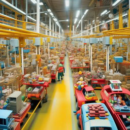 A 'Where's Waldo?' inspired scene of a bustling toy factory at peak operation. Dolls, cars, planes, and puzzles are being assembled by diligent workers, transported on conveyor belts, and meticulously inspected for quality.