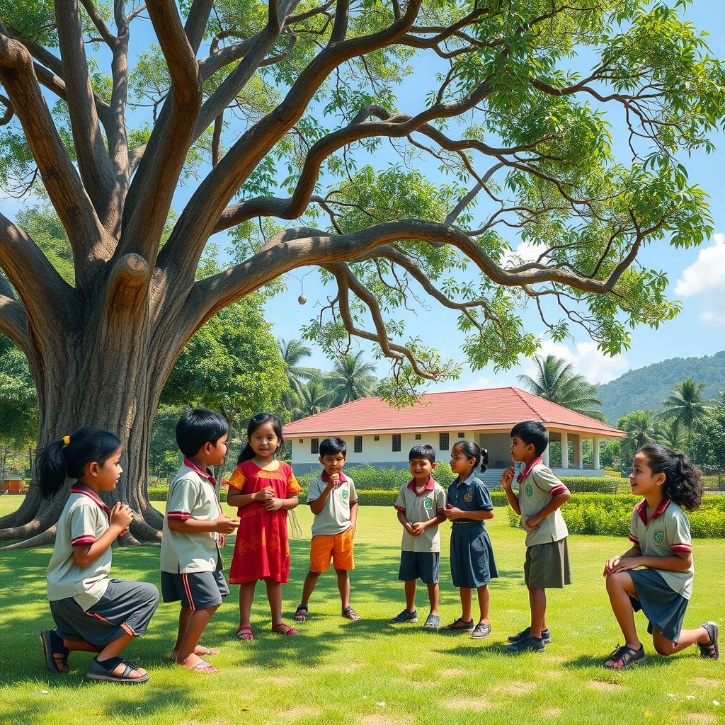A vibrant scene depicting a group of Kerala school kids, aged around 10-12 years, wearing traditional school uniforms, gathered under a large banyan tree