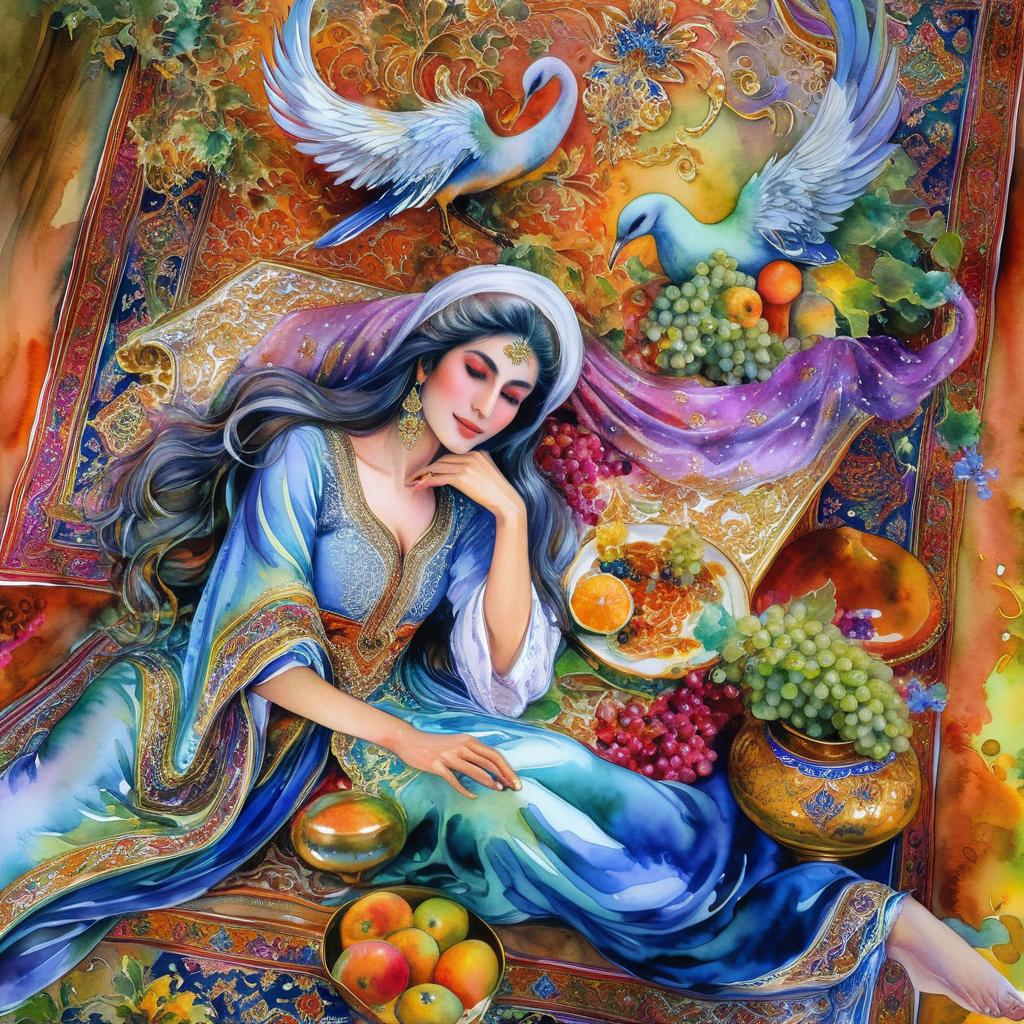 A mystical and spiritual watercolor painting of a beautiful Iranian woman reclining on a royal back inside a beautiful Iranian home with shiny and colorful silk carpets, fruit and grape dishes, traditional vases, and colorful flowers.