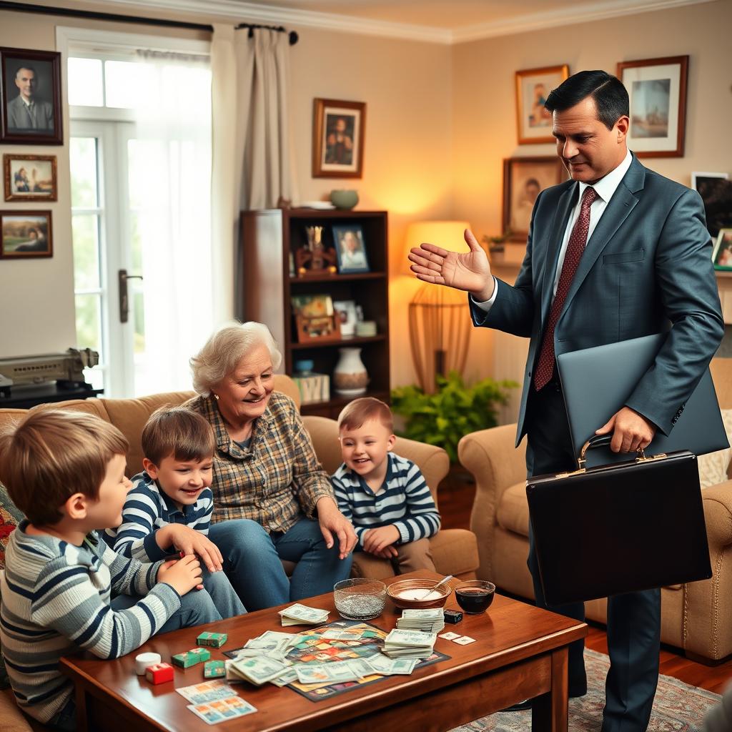 A heartwarming scene in a cozy living room where a grandmother is enjoying quality time with her two grandsons