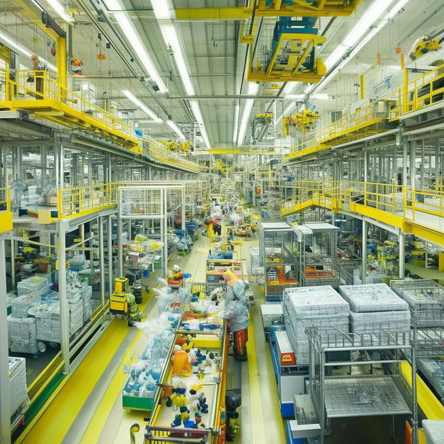 A 'Where's Waldo?' inspired scene of a bustling toy factory at peak operation. Dolls, cars, planes, and puzzles are being assembled by diligent workers, transported on conveyor belts, and meticulously inspected for quality.