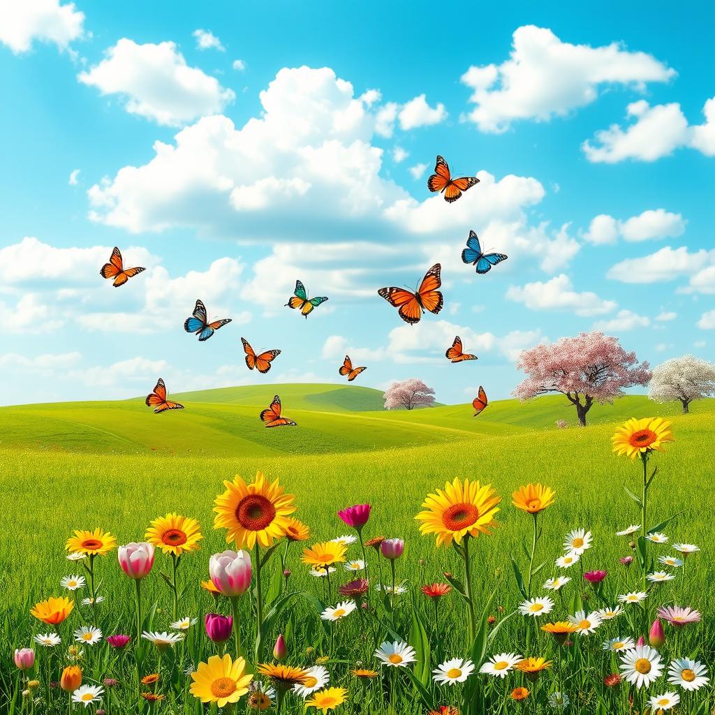 A vibrant and visually appealing landscape scene featuring a lush green meadow under a bright blue sky scattered with fluffy white clouds