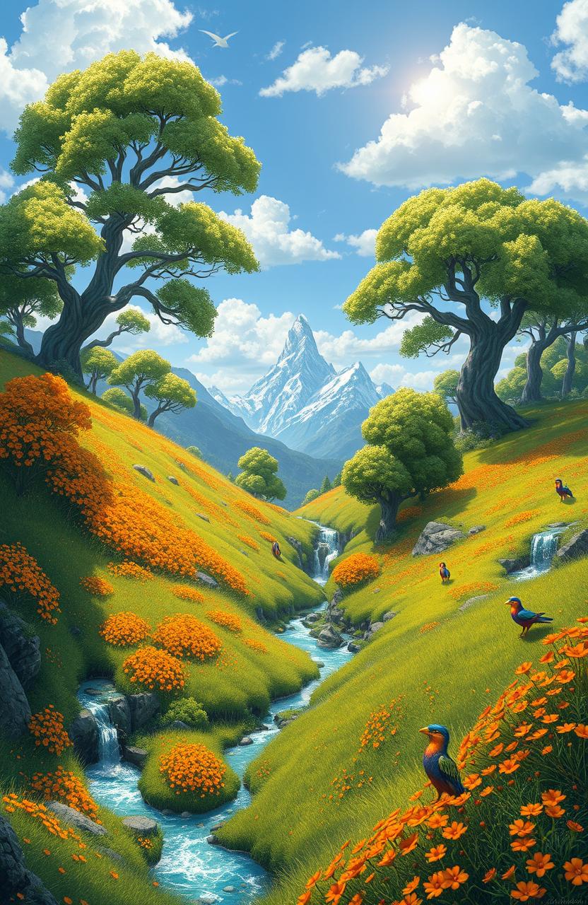 An intricate fictional landscape named Algaraz, characterized by sprawling emerald green hills and vibrant orange wildflowers under a bright blue sky