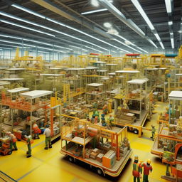 A 'Where's Waldo?' inspired scene of a bustling toy factory at peak operation. Dolls, cars, planes, and puzzles are being assembled by diligent workers, transported on conveyor belts, and meticulously inspected for quality.