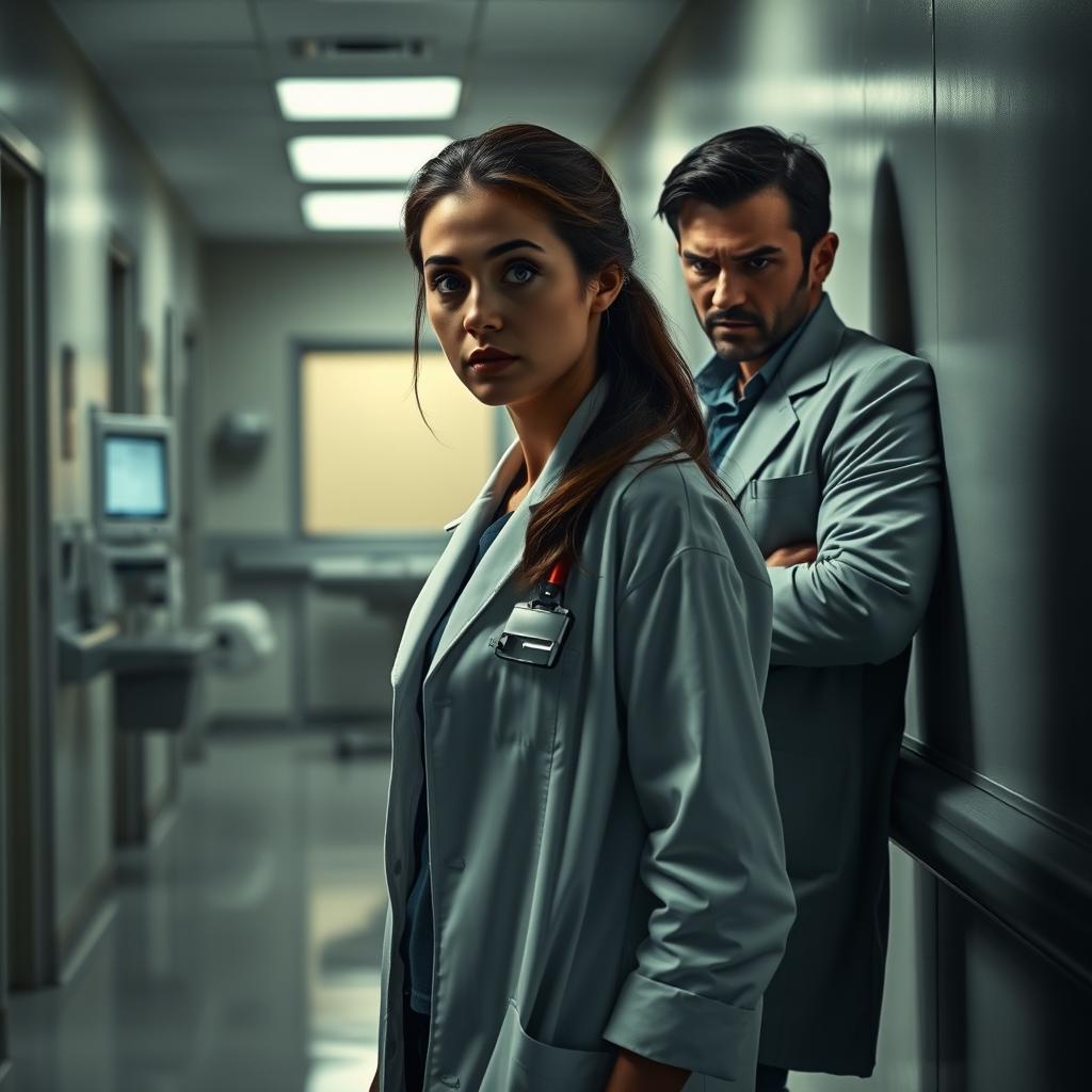 A dramatic and intense scene depicting a young medical intern named Léna Morel standing in a hospital corridor, her expression filled with determination and fear