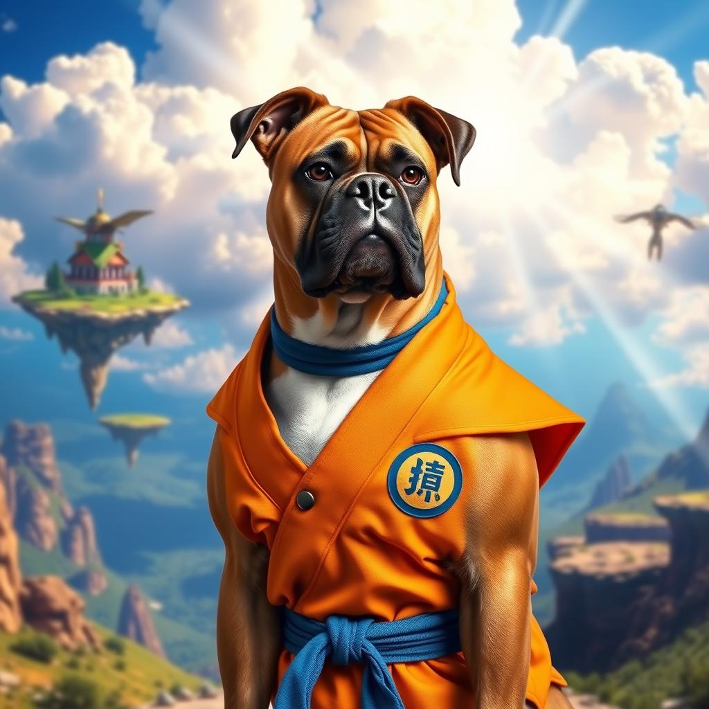 An English Boxer dog styled as a character from Dragon Ball, wearing Goku's iconic orange martial arts gi with the blue undershirt, complete with a blue belt and the Turtle School emblem on the front