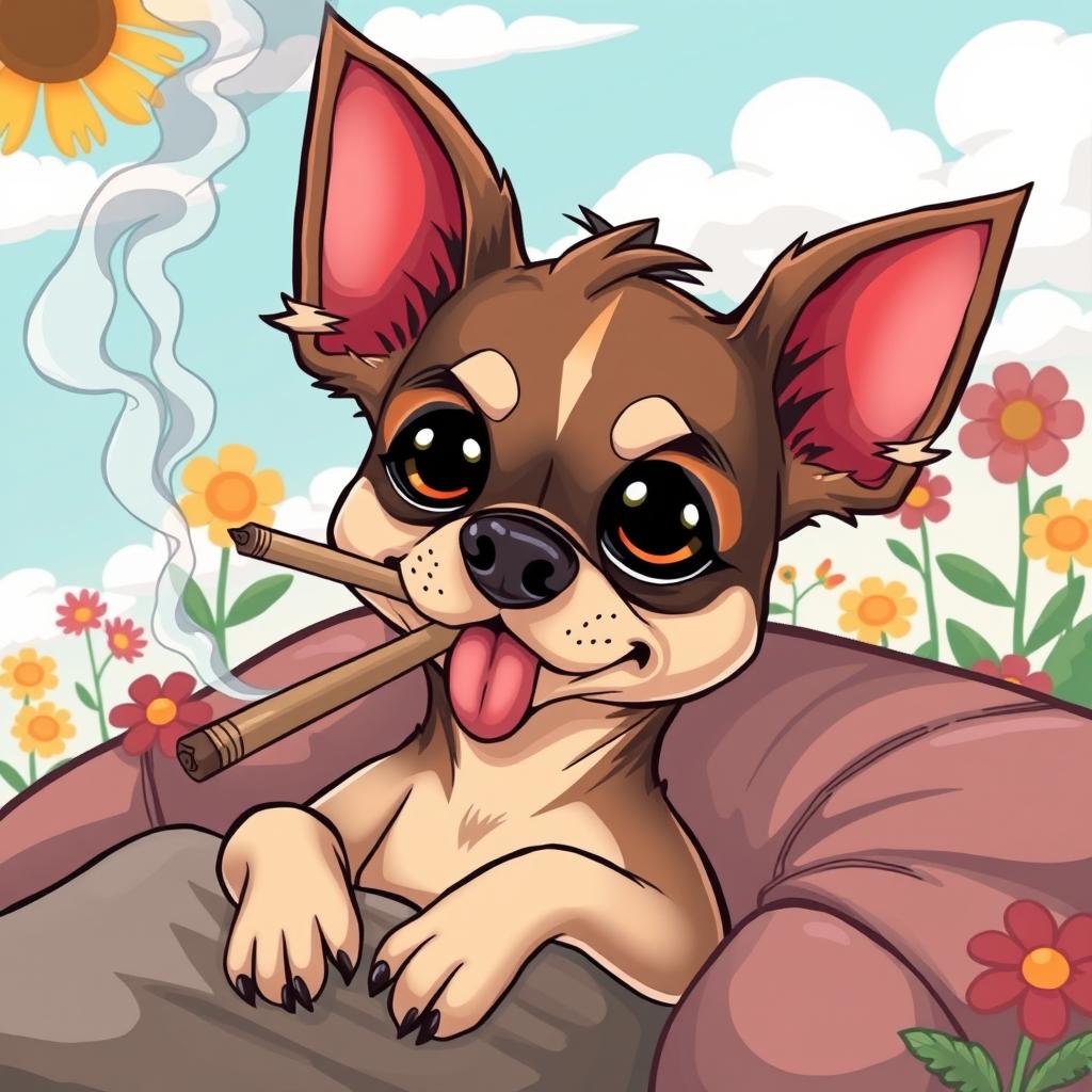 A comedic illustration of a stoned chihuahua with large, droopy eyes, lounging comfortably while smoking a joint