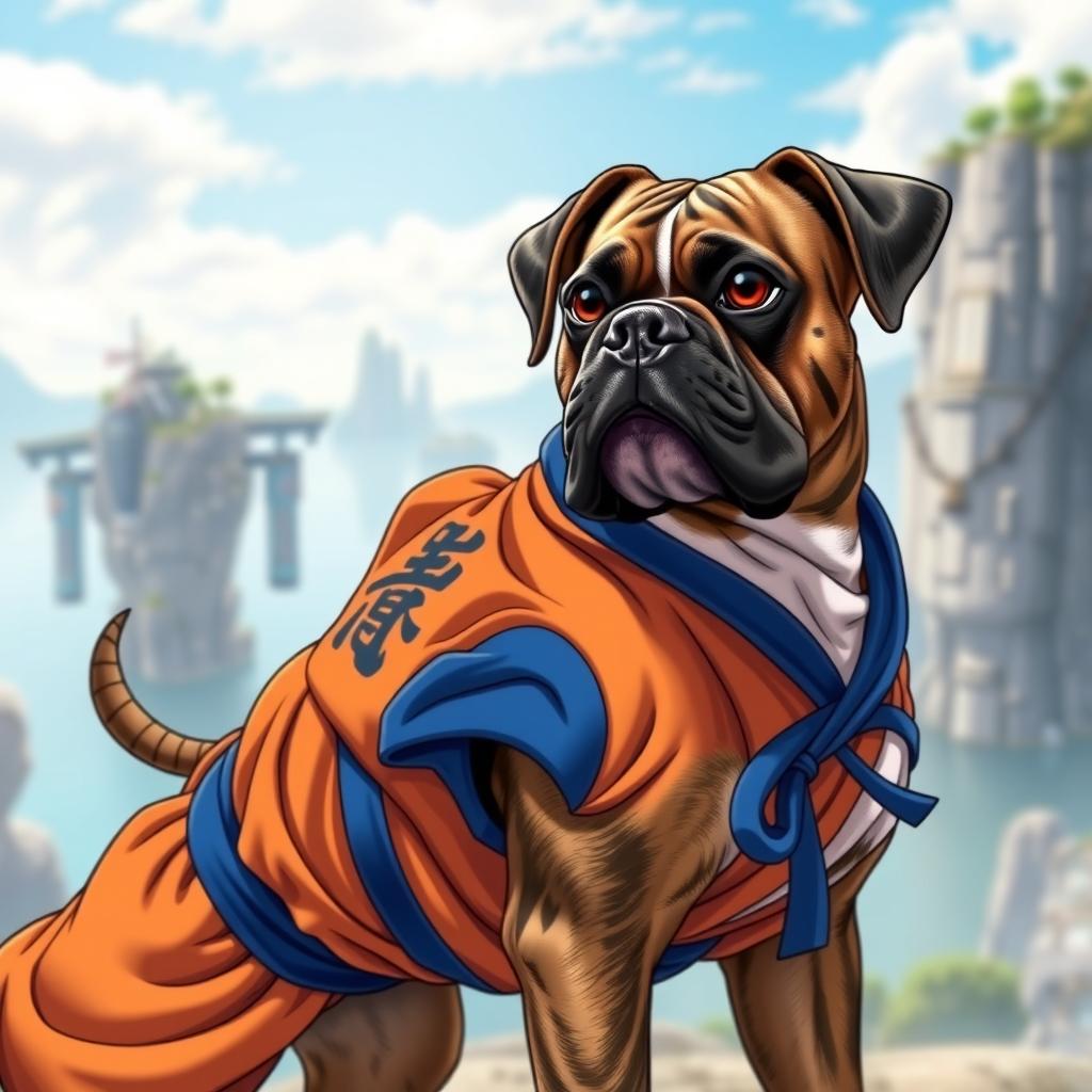 An English Boxer dog depicted in a Dragon Ball style, with a striped brindle coat