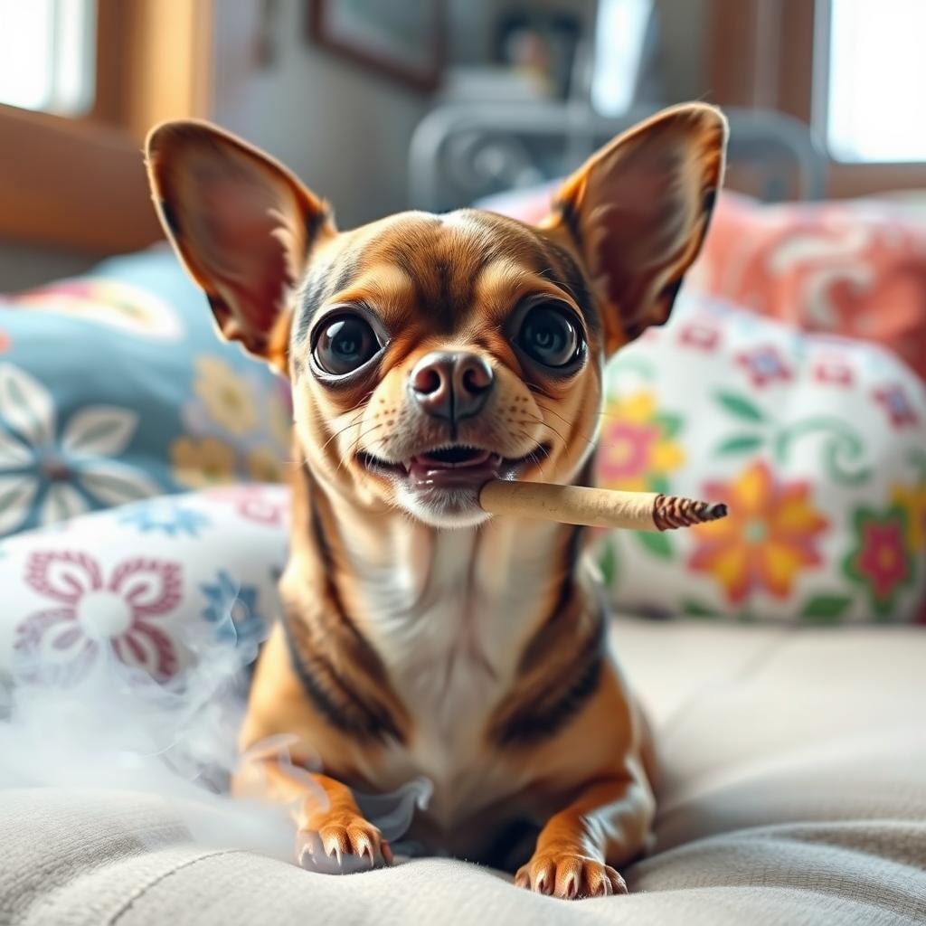 A playful scene featuring a chihuahua with large expressive eyes, sitting comfortably with a relaxed posture, surrounded by smoke as it enjoys a lit joint
