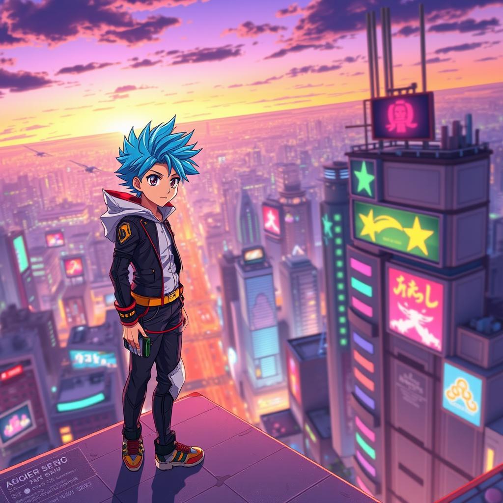 A vibrant and colorful anime-inspired scene featuring a young hero, dressed in a stylish futuristic outfit, standing on a rooftop overlooking a sprawling neon-lit cityscape at dusk