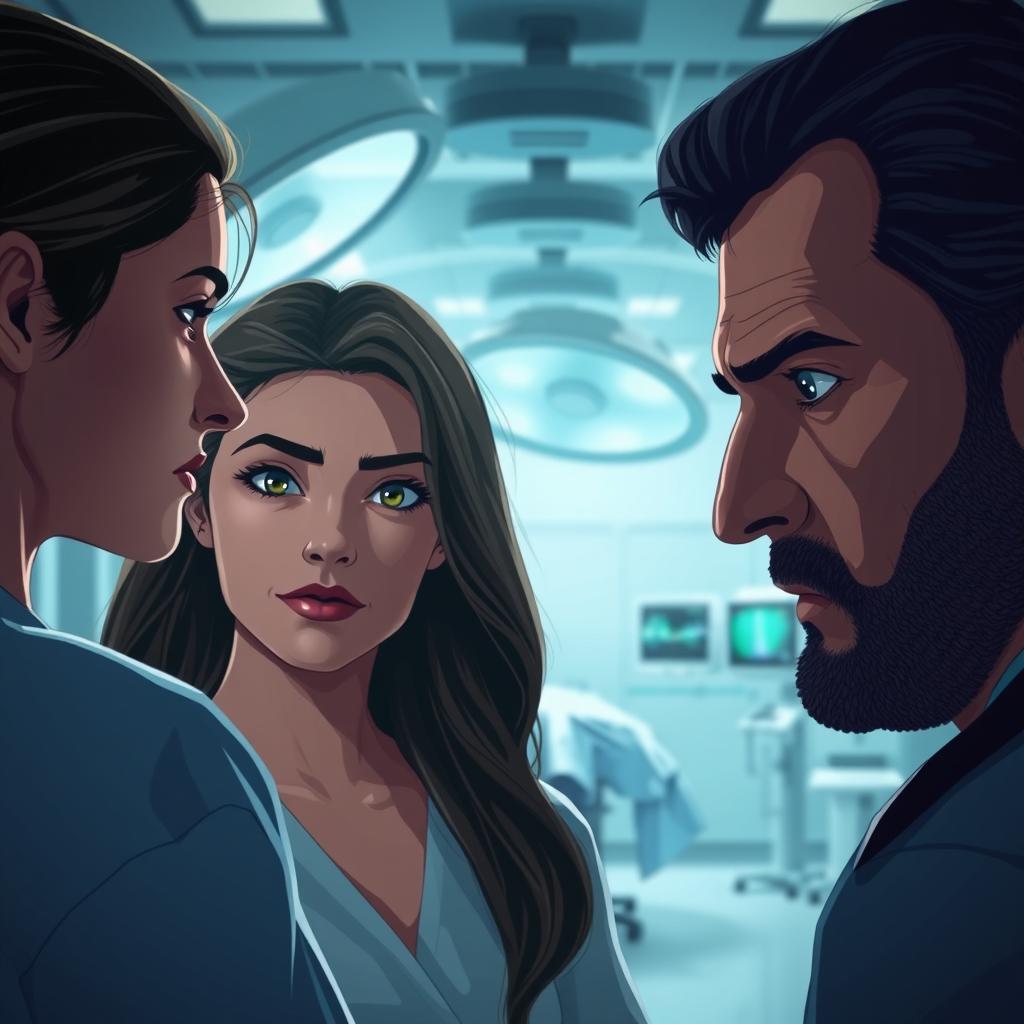 A dramatic and emotional scene in a hospital setting, focusing on a beautiful and determined young female intern named Léna Morel, who looks confident yet conflicted as she navigates the challenges in the cardiac surgery department