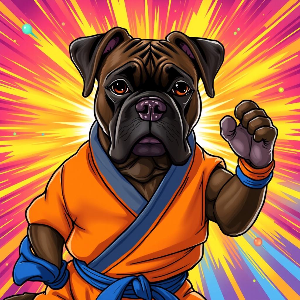 A muscular brindle dark brown Boxer dog wearing Goku's iconic orange martial arts gi with blue accents, striking a dynamic pose as if ready for battle, set against a vibrant Dragon Ball style background full of energy and colorful bursts, showcasing the dog's strong features, expressive eyes, and playful demeanor, emphasizing the cartoonish and energetic style of Dragon Ball