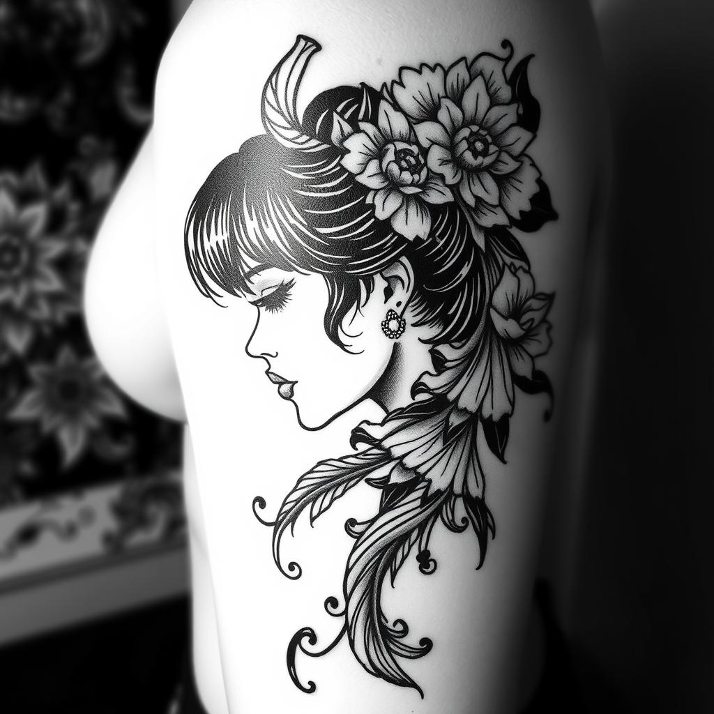 A beautifully detailed black and white tattoo design, inspired by the existing image, featuring intricate line work and shading