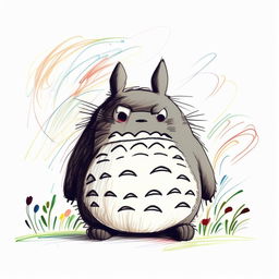 A naive and colorful crayon drawing by a 4 year old of Totoro, doodled with an outline style on a plain white background