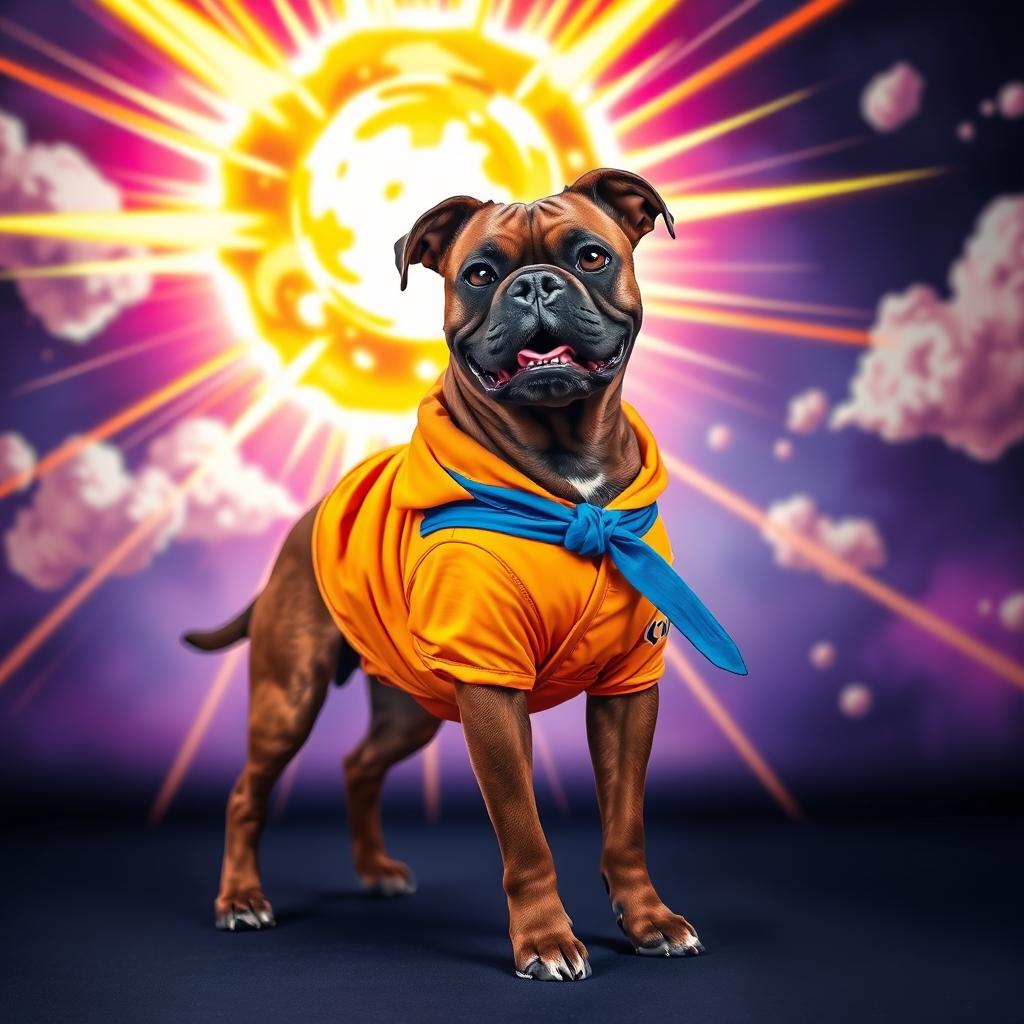 A dark brown brindle Boxer dog designed in the style of Dragon Ball, wearing Goku's iconic orange gi with the blue belt