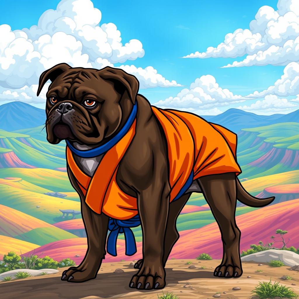 A dark brown brindle Boxer dog in the style of Dragon Ball, wearing Goku's iconic orange gi