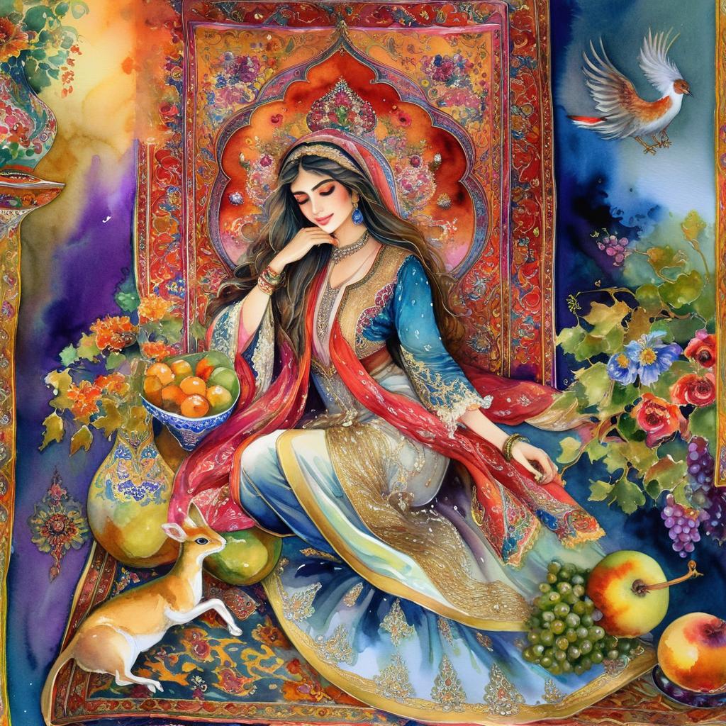 A mystical and spiritual watercolor painting of a beautiful Iranian woman reclining on a royal back inside a beautiful Iranian home with shiny and colorful silk carpets, fruit and grape dishes, traditional vases, and colorful flowers.
