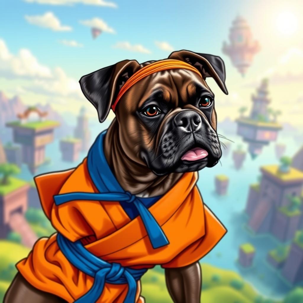 A dark brown brindle Boxer dog depicted in the style of Dragon Ball, wearing Goku's iconic orange martial arts gi with a blue undershirt and a blue belt