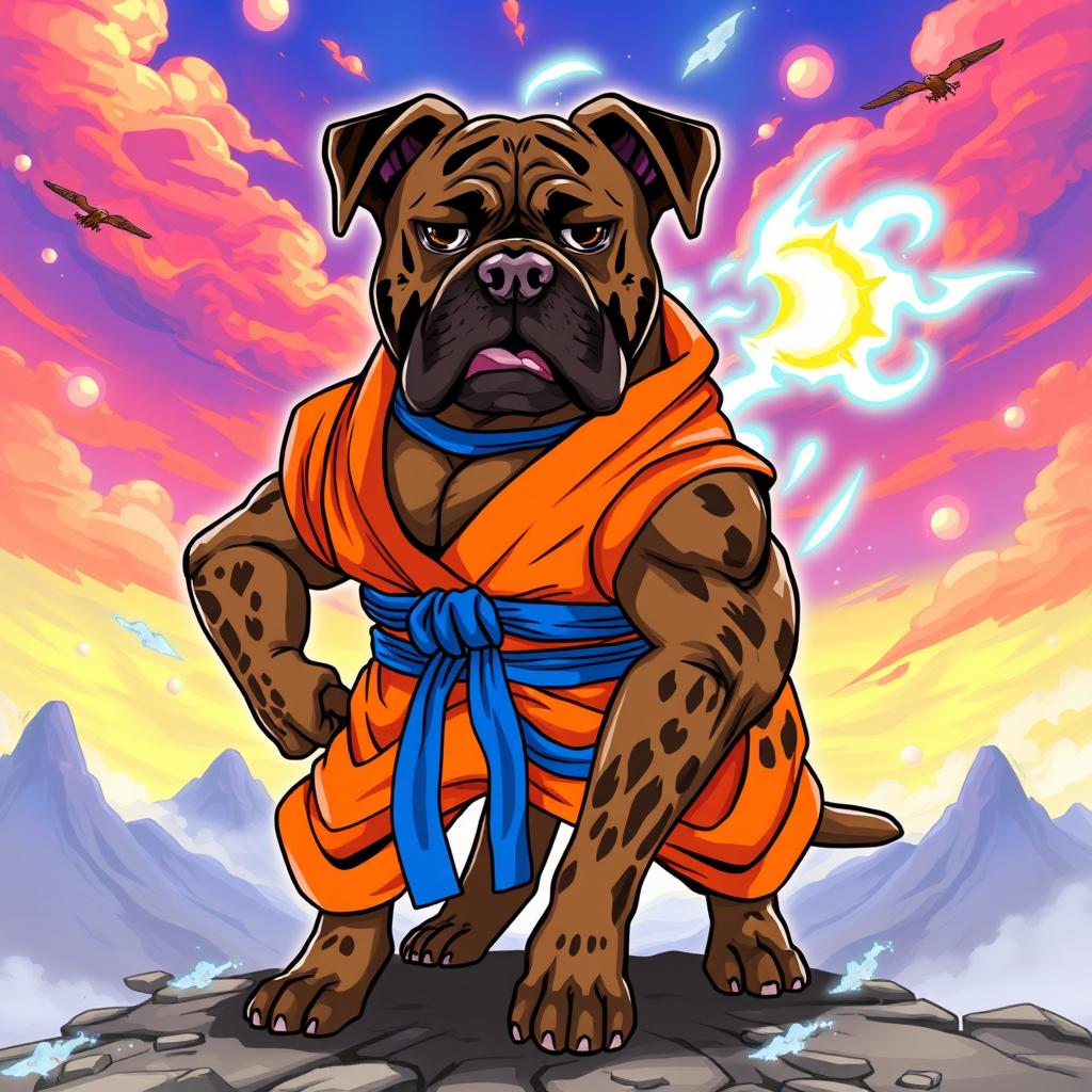 A muscular brown brindle Boxer dog in Dragon Ball style, wearing Goku's iconic orange gi with a blue undershirt and a matching blue belt