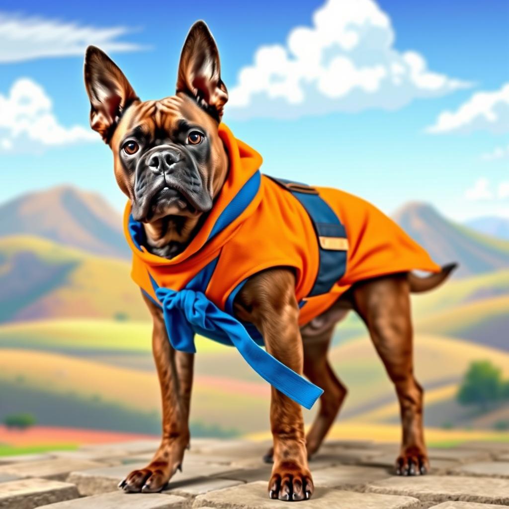 A dark brown brindle Boxer dog dressed in Goku's iconic orange and blue outfit from Dragon Ball
