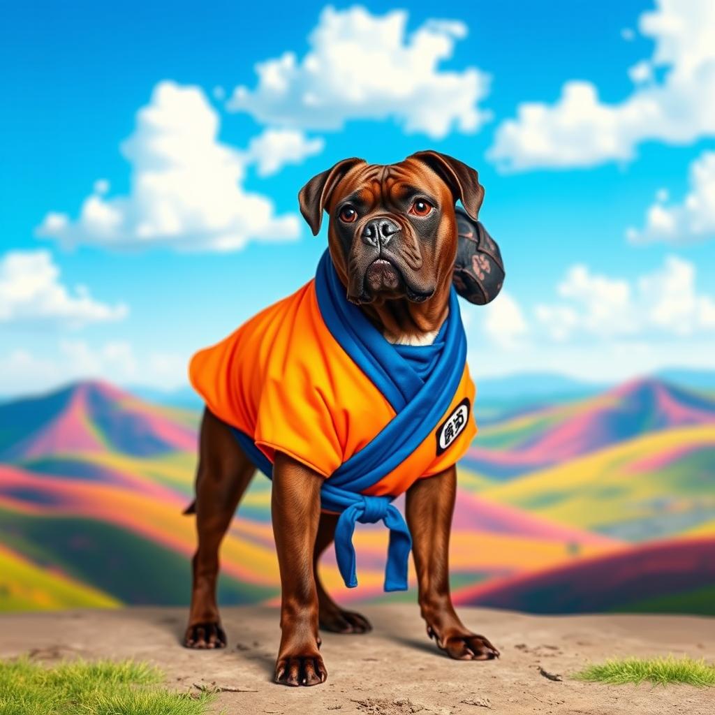 A dark brown brindle Boxer dog styled in the Dragon Ball universe, wearing Goku's signature orange gi with the blue undershirt and matching belt