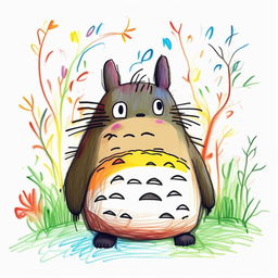 A naive and colorful crayon drawing by a 4 year old of Totoro, doodled with an outline style on a plain white background