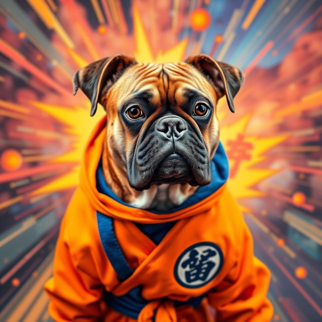 A brown striped Boxer dog dressed in Goku's outfit from Dragon Ball, showcasing the dog's muscular build with an expressive face, set against a colorful and dynamic Dragon Ball style background, capturing the energetic and vibrant essence of the anime, with bright orange and blue colors of the outfit, and the iconic symbols printed on it, full of action and personality