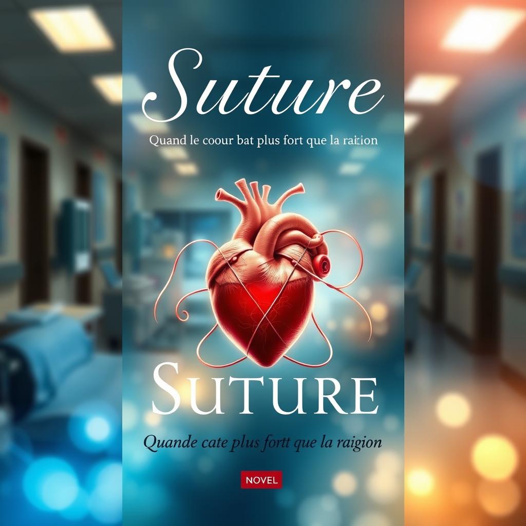 A captivating book cover design for a novel titled "Suture" with the subtitle "Quand le coeur bat plus fort que la raison"