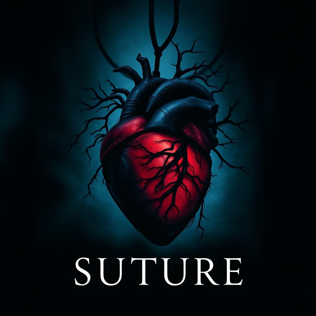 A mysterious book cover for the novel titled 'Suture', featuring an abstract representation of a human heart intertwined with dark and turbulent motifs symbolizing emotional turmoil and conflict