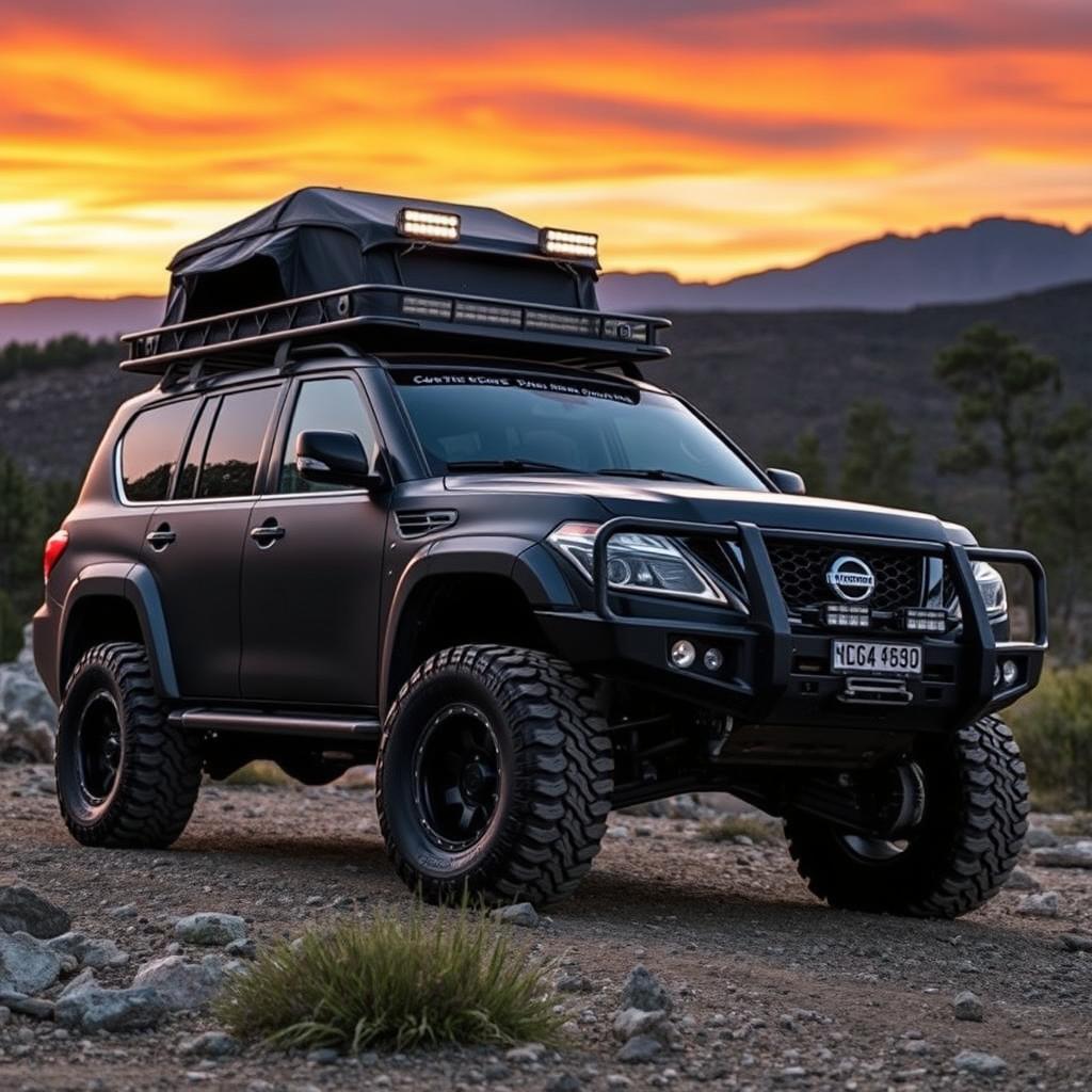 A modified Nissan Patrol off-road vehicle parked on a mountainous terrain