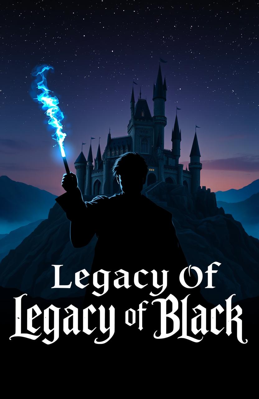 A dramatic scene showcasing a silhouette of a man standing heroically in front of a majestic castle perched atop a hill