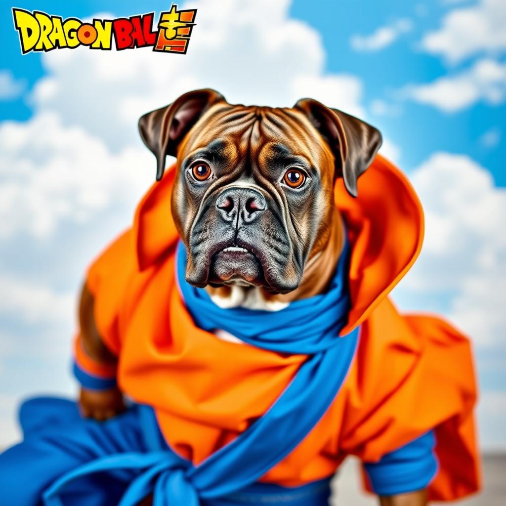 A dark brown brindle Boxer dog dressed in Goku's outfit from Dragon Ball, showcasing a vibrant and dynamic pose
