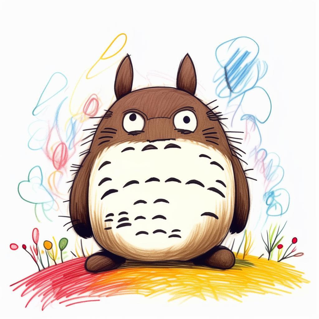 A naive and colorful crayon drawing by a 4 year old of Totoro, doodled with an outline style on a plain white background