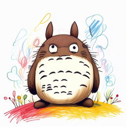 A naive and colorful crayon drawing by a 4 year old of Totoro, doodled with an outline style on a plain white background