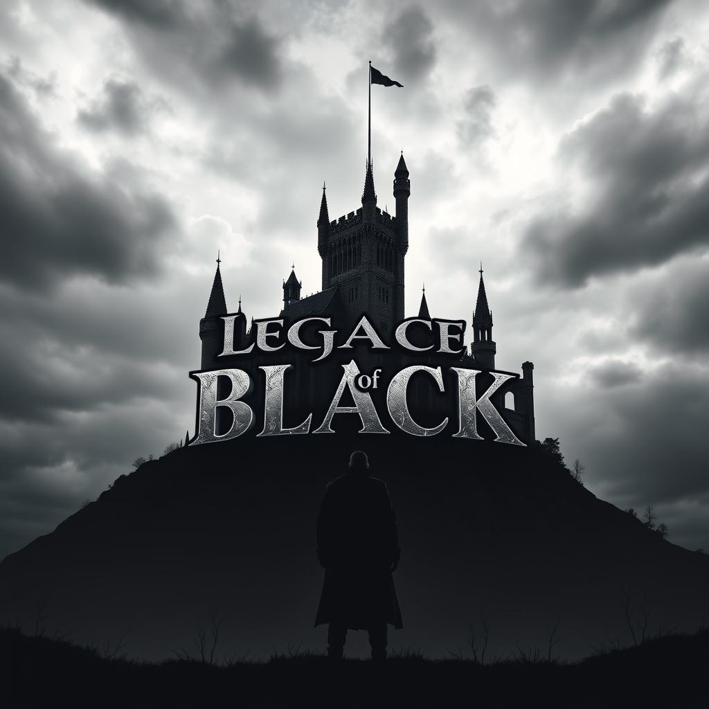 A striking silhouette of a man standing at the foot of a grand castle that is situated atop a hill