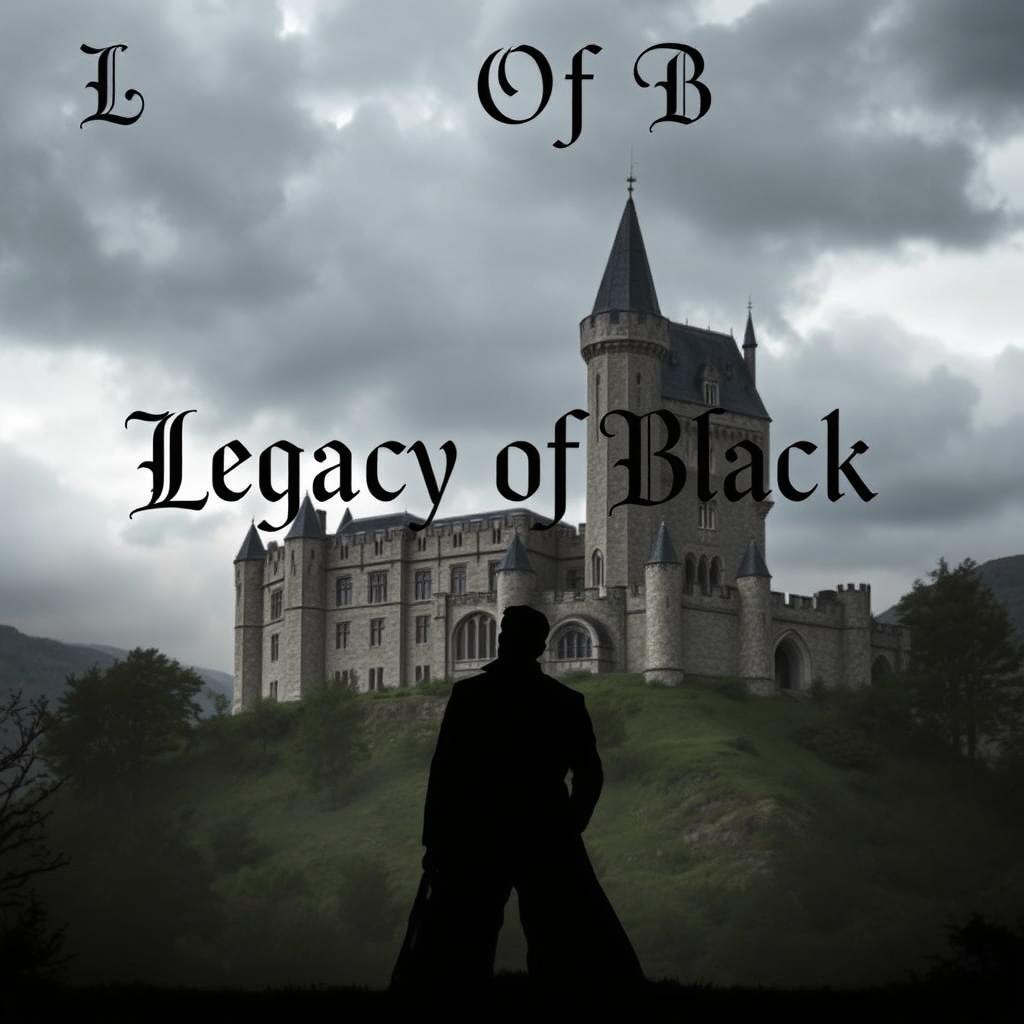 A captivating silhouette of a man standing boldly in front of a towering castle located on a hill