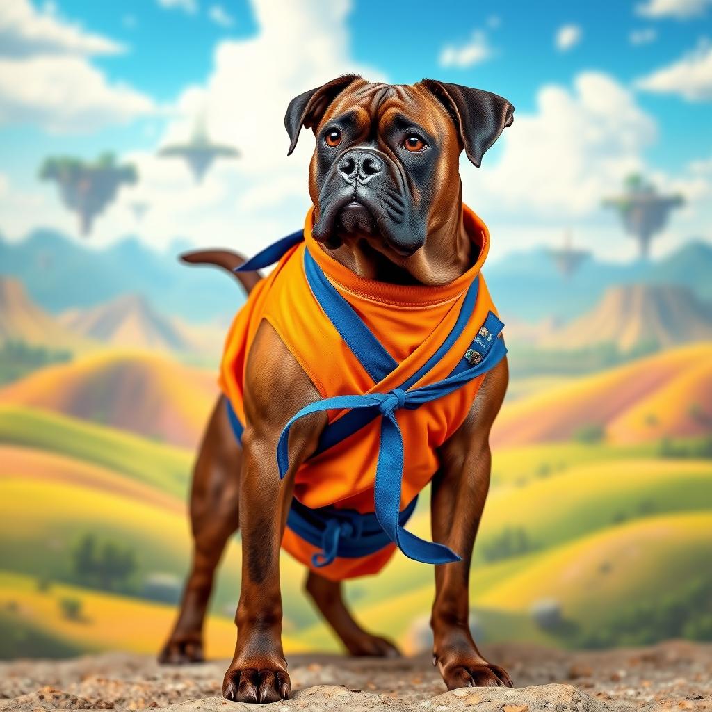 A dark brown brindle Boxer dog confidently standing in a dynamic pose wearing Goku's iconic orange and blue karate gi from Dragon Ball