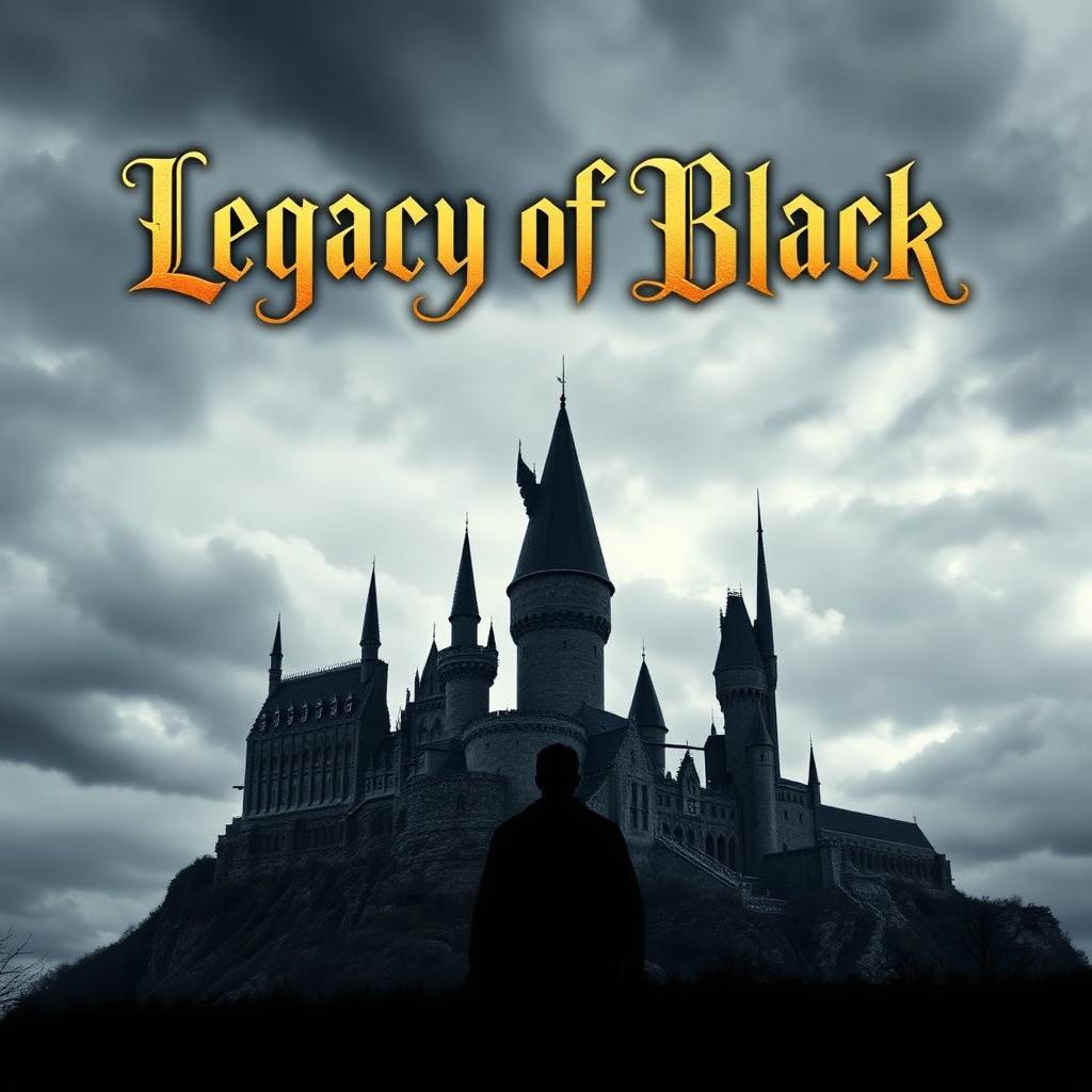 A captivating silhouette of a man standing before a majestic castle resembling Hogwarts, characterized by its iconic towers and turrets, located atop a serene hill