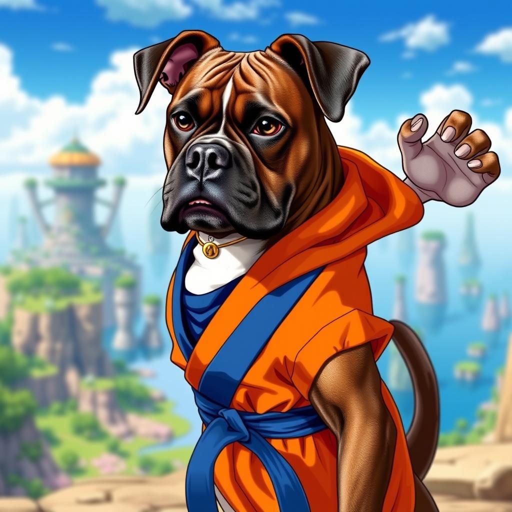 A middle-aged dark brown brindle Boxer dog wearing Goku's iconic orange and blue martial arts uniform from Dragon Ball, striking a dynamic and heroic pose