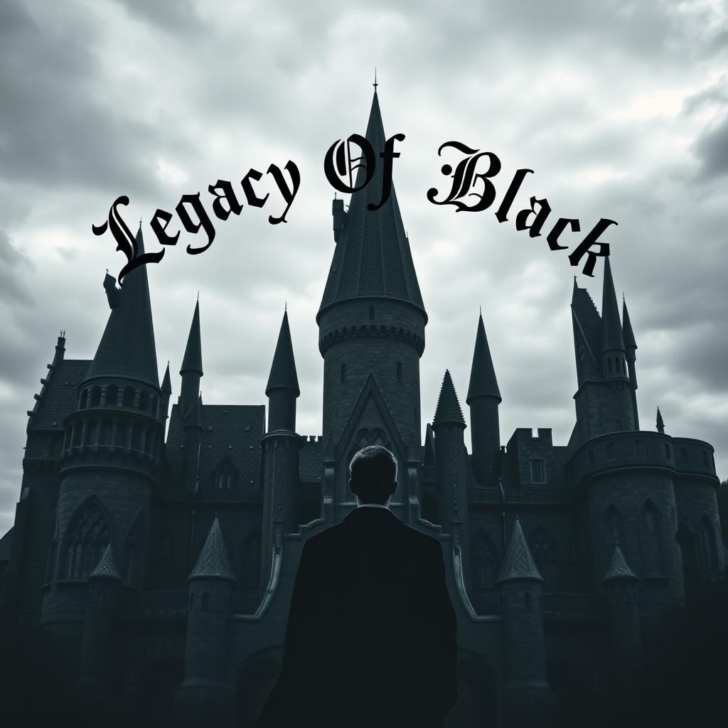 A captivating silhouette of a man standing before a castle resembling Hogwarts, with its distinctive towers and magical architecture