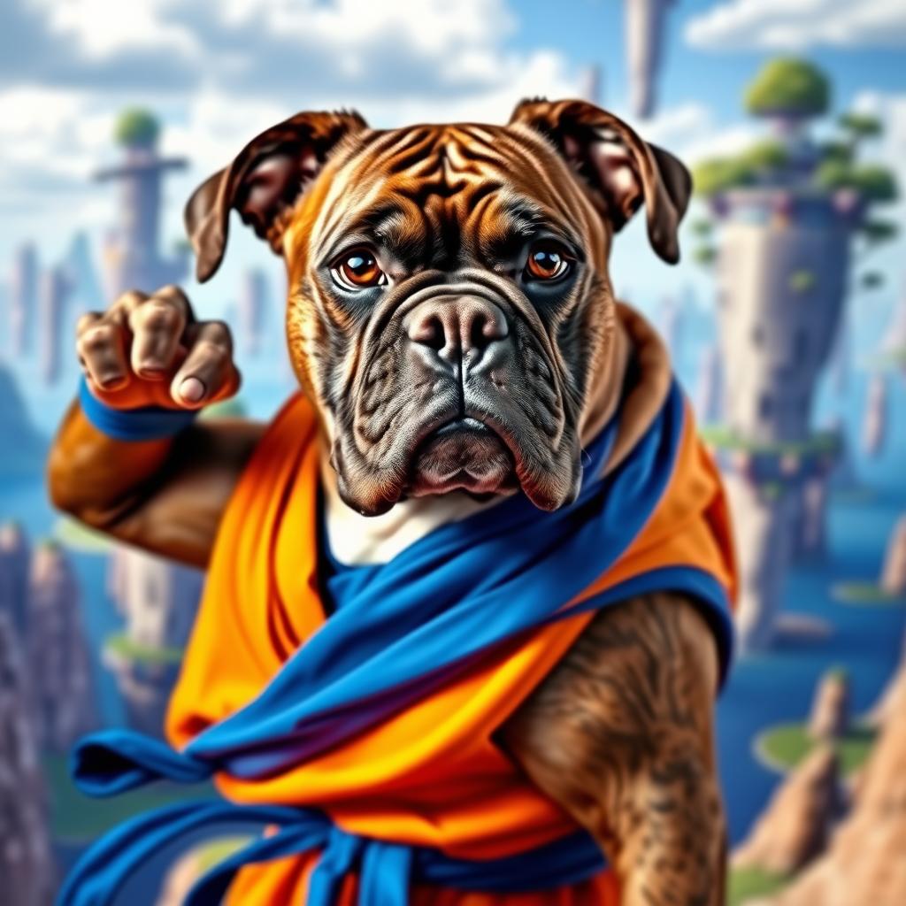An elderly dark brown brindle Boxer dog dressed in Goku's iconic orange and blue outfit from Dragon Ball, striking a powerful pose