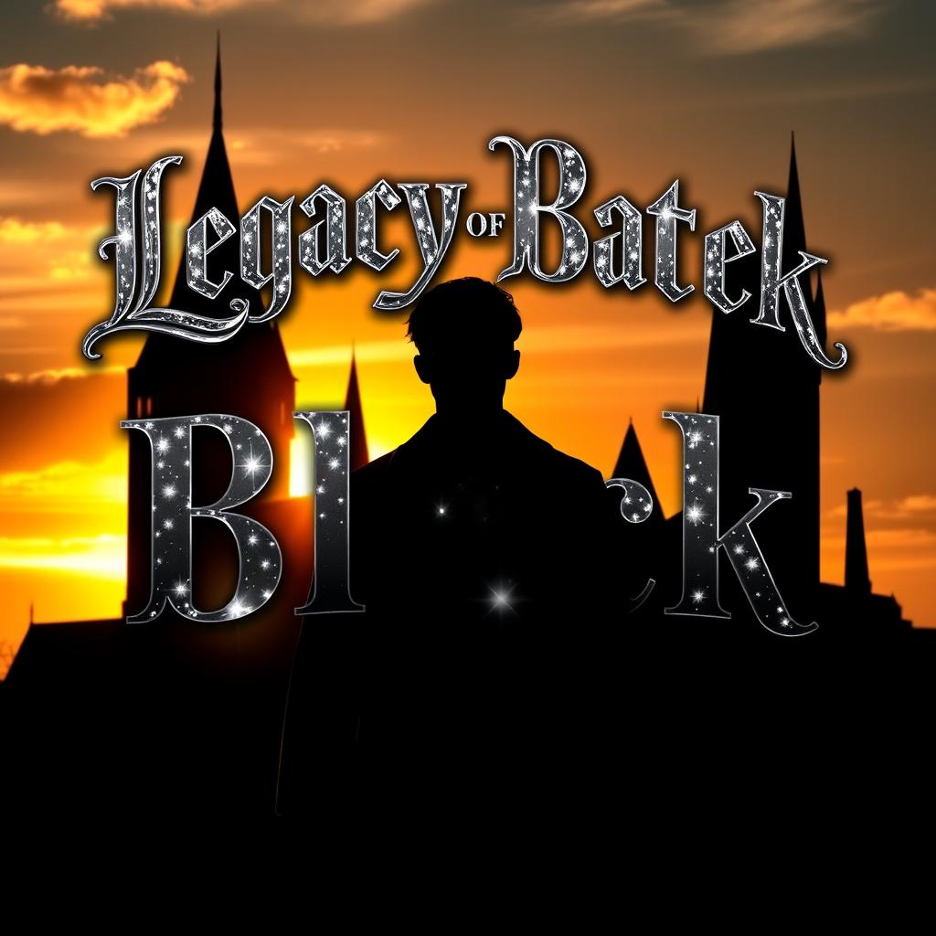 A striking silhouette of a man standing in front of the iconic Hogwarts castle, beautifully backlit by a shimmering sunset