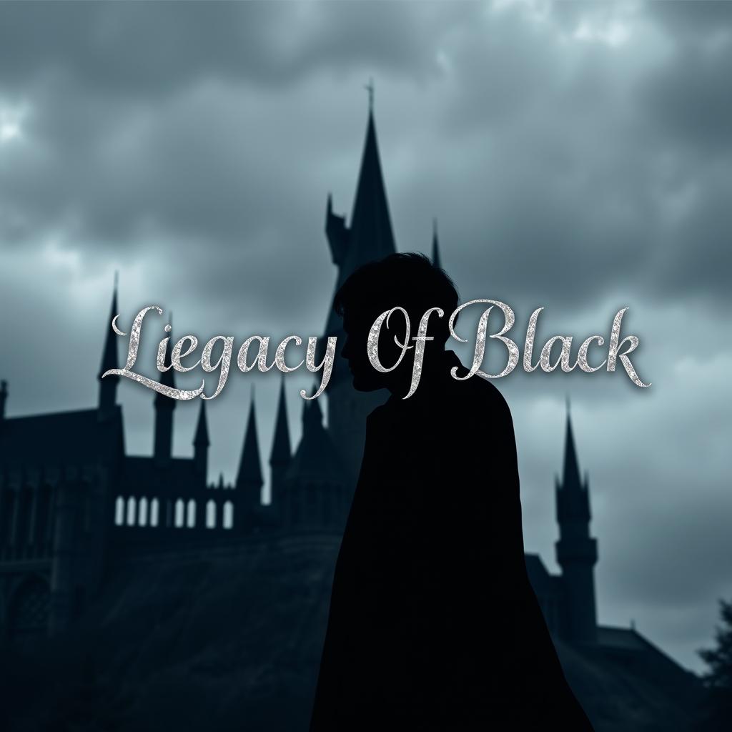 A dramatic silhouette of a man standing in front of Hogwarts castle under grey, cloudy skies, creating a moody and atmospheric scene