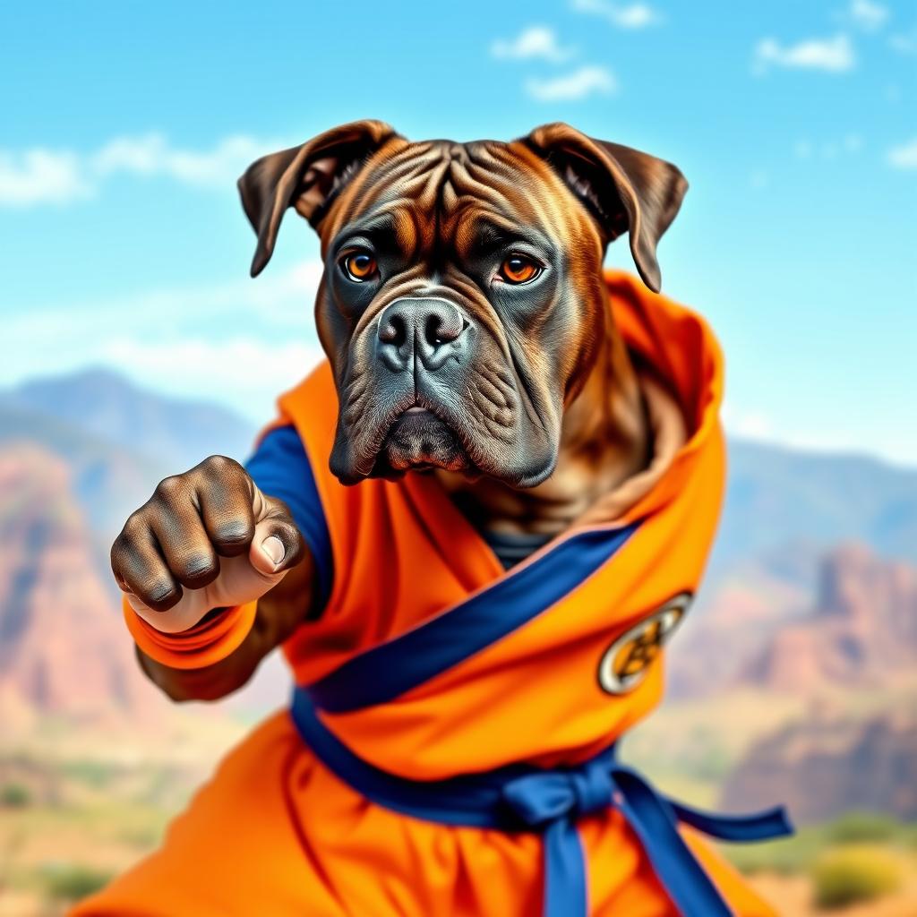 An elderly dark brown brindle Boxer dog dressed in Goku's iconic orange martial arts uniform from Dragon Ball, striking a dynamic pose as if preparing for a battle